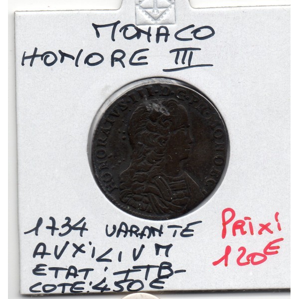 Monaco Pezzetta ou 3 sols 1734 TTB-, Gad.100 Honore III var AVXILIVM