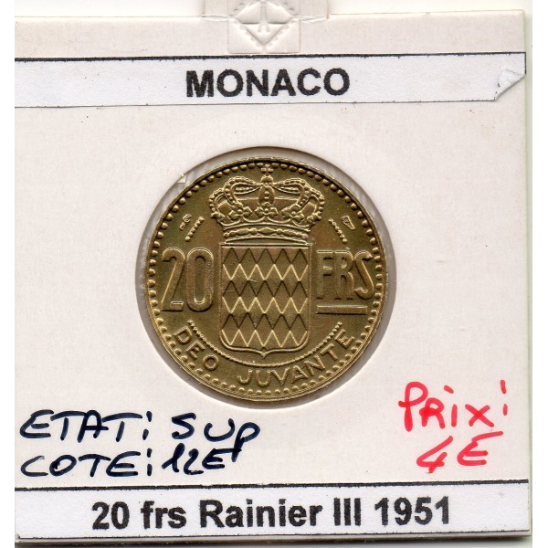 Monaco 20 francs 1950 Sup, Gad.140 Rainier III