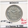 Monaco 5 Francs 1960 TTB+, Gad.152 Rainier III