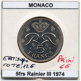 Monaco 5 Francs 1974 Sup+, Gad.153 Rainier III
