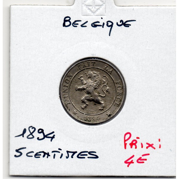 Belgique 5 centimes 1894 en Francais lion normal TTB+, KM.40 Leopold II