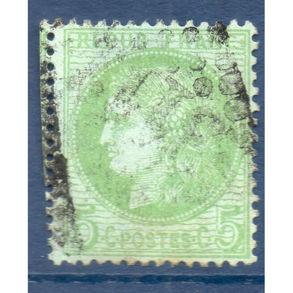 Timbre France Yvert No 53 Type Cérès 5c vert-jaune s. azuré Oblitéré CaD type 17