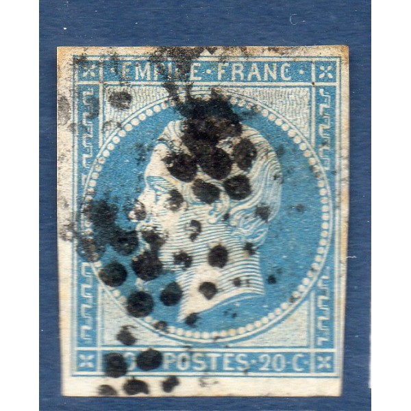 Timbre France Yvert No 14A Type I Empire 20c Bleu Oblitéré étoile de Paris