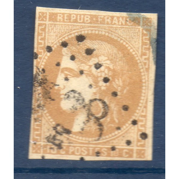 Timbre France Yvert No 43B Émission de Bordeaux 10c bistre-jaune Oblitéré gros chiffres