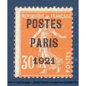 Timbre France Préoblitérés Yvert 29 semeuse poste Paris 1921 30c orange neuf sans gomme