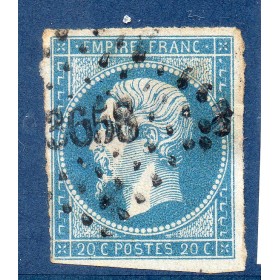Timbre France Yvert No 14A Type I Empire 20c Bleu Oblitéré Petits chiffres
