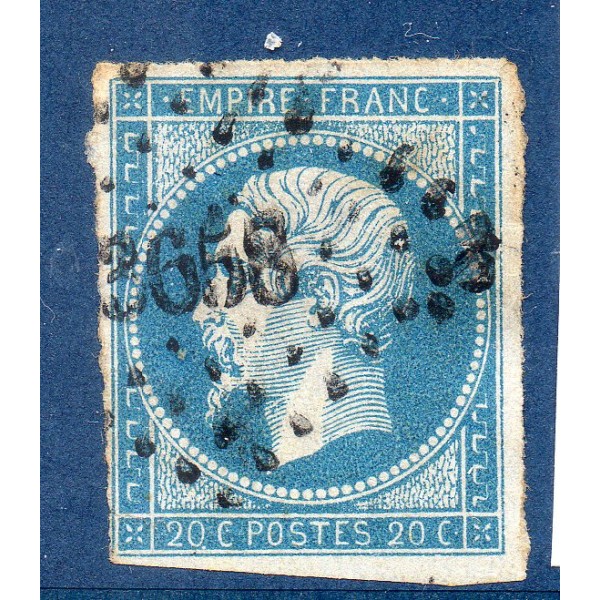 Timbre France Yvert No 14A Type I Empire 20c Bleu Oblitéré Petits chiffres