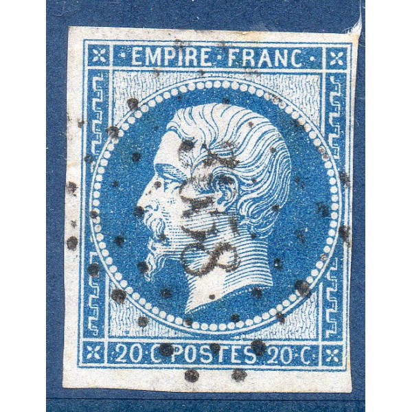 Timbre France Yvert No 14B Type II Empire 20c Bleu Oblitéré petits chiffres