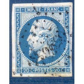 Timbre France Yvert No 14B Type II Empire 20c Bleu Oblitéré petits chiffres