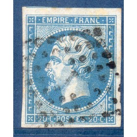 Timbre France Yvert No 14B Type II Empire 20c Bleu Oblitéré petits chiffres