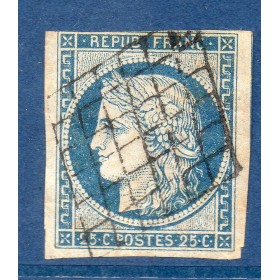Timbre France Yvert No 4a Type Cérès 25c bleu foncé Oblitéré Grille