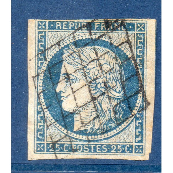 Timbre France Yvert No 4a Type Cérès 25c bleu foncé Oblitéré Grille