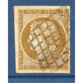 Timbre France Yvert No 1 Type Cérès 10c Bistre jaune Oblitéré grille