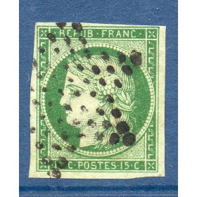 Timbre France Yvert No 2b Type Cérès 15c Vert foncé Oblitéré étoile de Paris