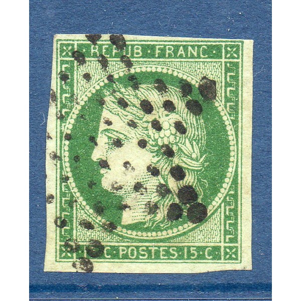 Timbre France Yvert No 2b Type Cérès 15c Vert foncé Oblitéré étoile de Paris