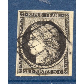 Timbre France Yvert No 3 Type Cérès 20c Noir sur jaune Oblitéré Grille