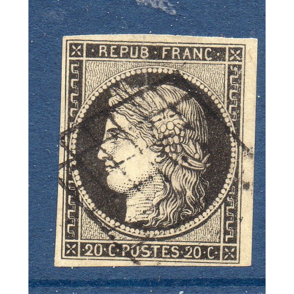 Timbre France Yvert No 3 Type Cérès 20c Noir sur jaune Oblitéré Grille