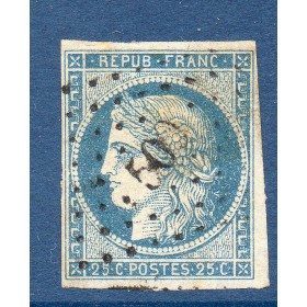 Timbre France Yvert No 4 Type Cérès 25c bleu Oblitéré petits chiffres