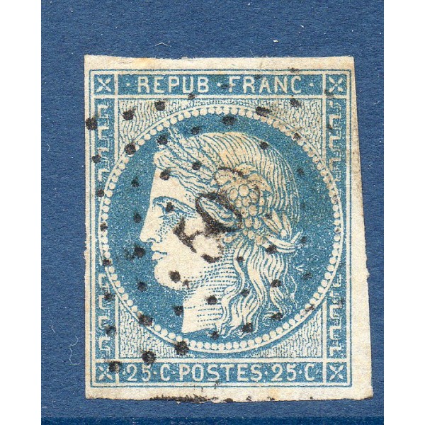 Timbre France Yvert No 4 Type Cérès 25c bleu Oblitéré petits chiffres
