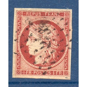 6Timbre France Yvert No 6 Type Cérès 1 franc carmin Oblitéré gros chiffres signé Calves