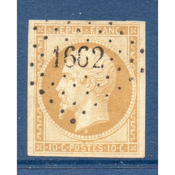 Timbre France Yvert No 9 Type Présidence 10c Bistre Jaune Oblitéré petits chiffres