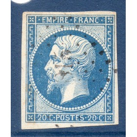 Timbre France Yvert No 14A Type I Empire 20c Bleu Oblitéré gros chiffres