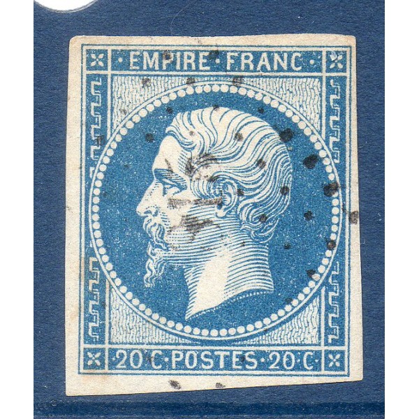 Timbre France Yvert No 14A Type I Empire 20c Bleu Oblitéré gros chiffres