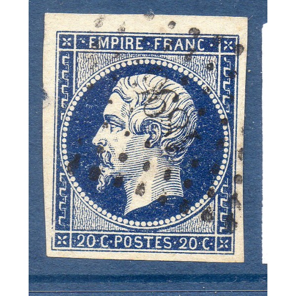 Timbre France Yvert No 14Ab Type I Empire 20c Bleu noir Oblitéré gros chiffres