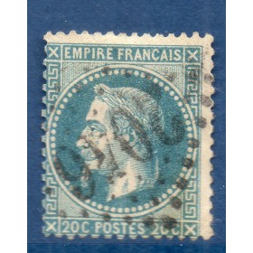Timbre France Yvert No 29A Empire Lauré 20c bleu Oblitéré gros chiffres