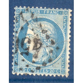 Timbre France Yvert No 37 Cérès Siège de Paris 20 c bleu Oblitéré gros chiffres