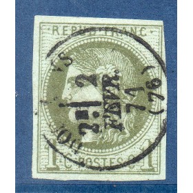 Timbre France Yvert No 39A Émission de Bordeaux 1c olive Oblitéré cachet à date