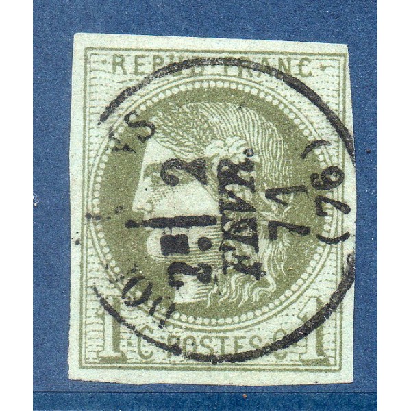 Timbre France Yvert No 39A Émission de Bordeaux 1c olive Oblitéré cachet à date