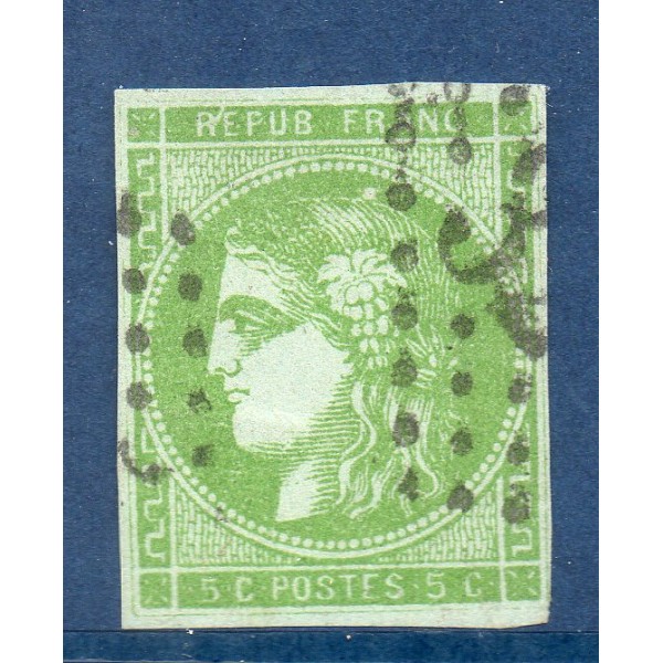 Timbre France Yvert No 42B Émission de Bordeaux 5c vert-jaune Oblitéré gros chiffres