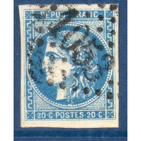 Timbre France Yvert No 46B Émission de Bordeaux 20c bleu Oblitéré gros chiffres