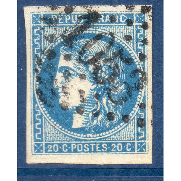 Timbre France Yvert No 46B Émission de Bordeaux 20c bleu Oblitéré gros chiffres