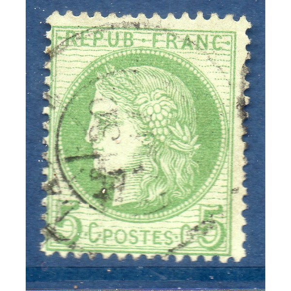 Timbre France Yvert No 53 Type Cérès 5c vert-jaune s. azuré Oblitéré CaD type 17