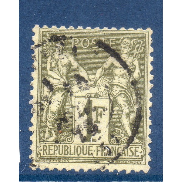 Timbre France Yvert No 72 Type I Sage 1fr bronze Oblitéré cachet à date