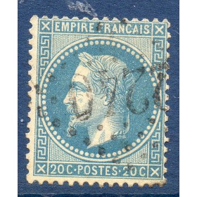 Timbre France Yvert No 29B Empire Lauré 20c bleu Oblitéré gros chiffres