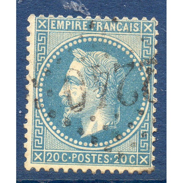 Timbre France Yvert No 29B Empire Lauré 20c bleu Oblitéré gros chiffres