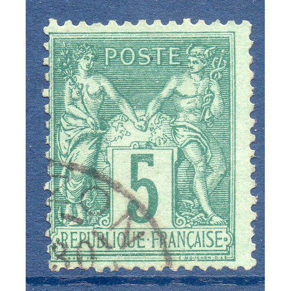 Timbre France Yvert No 75 Type II Sage 5c vert Oblitéré cachet à date