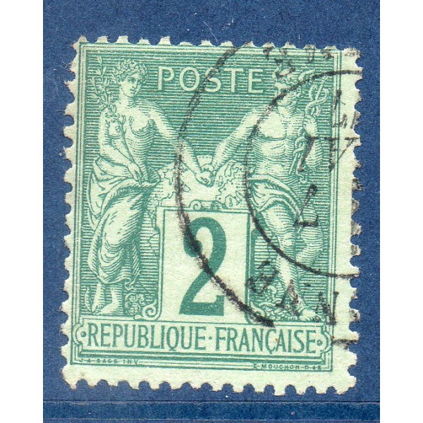 Timbre France Yvert No 74 Type II Sage 2c vert Oblitéré