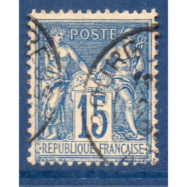 Timbre France Yvert No 90 Type II Sage 15c bleu Oblitéré
