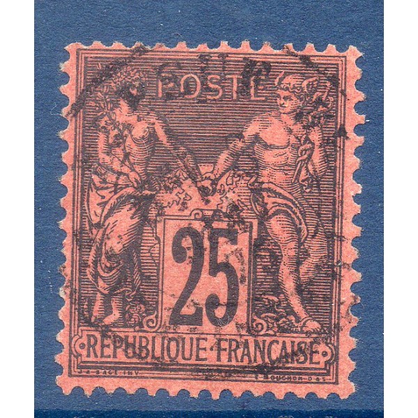 Timbre France Yvert No 91 Type II Sage 25c noir s. rouge Oblitéré