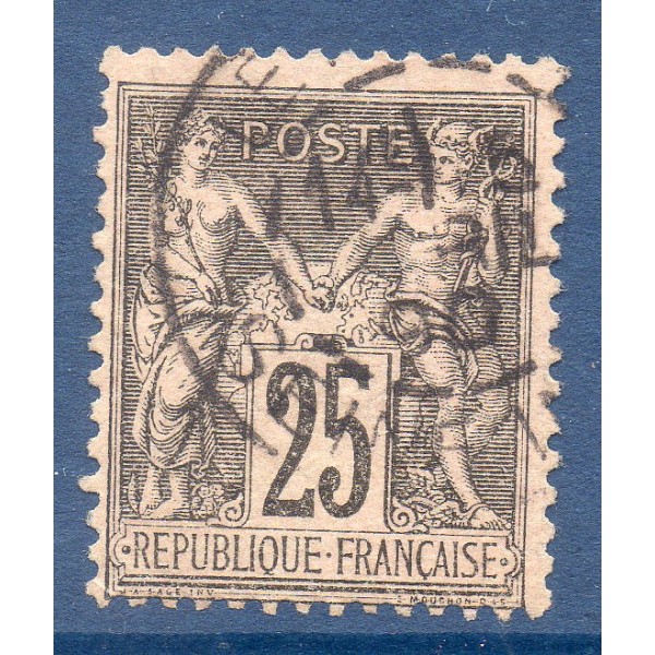 Timbre France Yvert No 97 Type II Sage 25c noir s. rose Oblitéré