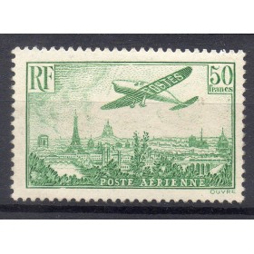 Timbre France Poste Aérienne Yvert 14 avion survolant Paris 50f vert-jaune neuf ** signé Calves