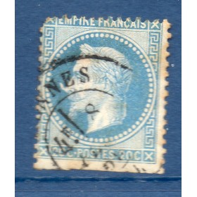 Timbre France Yvert No 29Bb à la corne Empire Lauré 20c bleu Oblitéré CaD