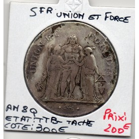 5 francs Union et Force An 8 Q Perpignan TTB-