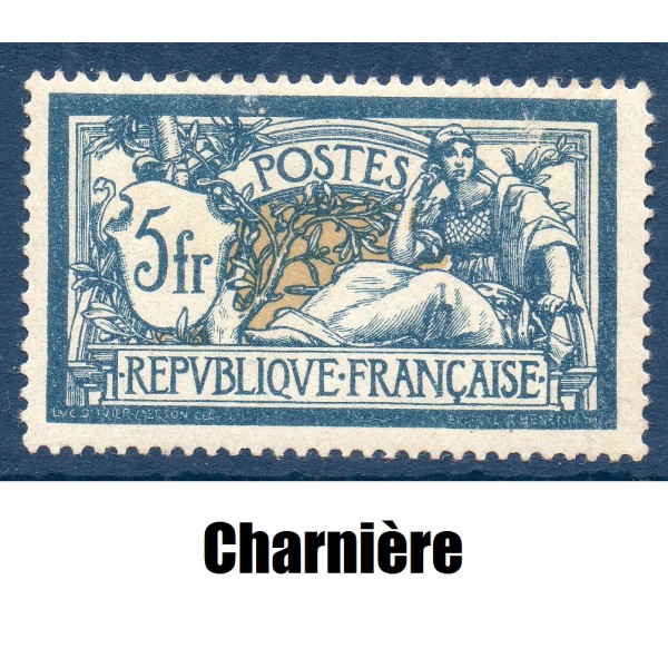 Timbre France Yvert No 123 Type Merson 5F bleu et chamois neuf * avec charnière