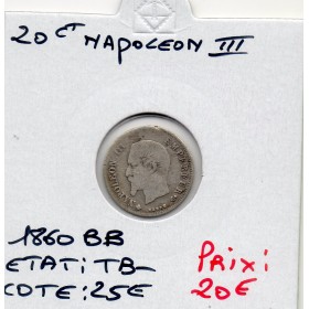 20 centimes Napoléon III tête nue 1860 BB Strasbourg TB-