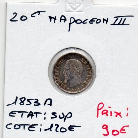20 centimes Napoléon III tête nue 1853 A Paris Sup defaut flan